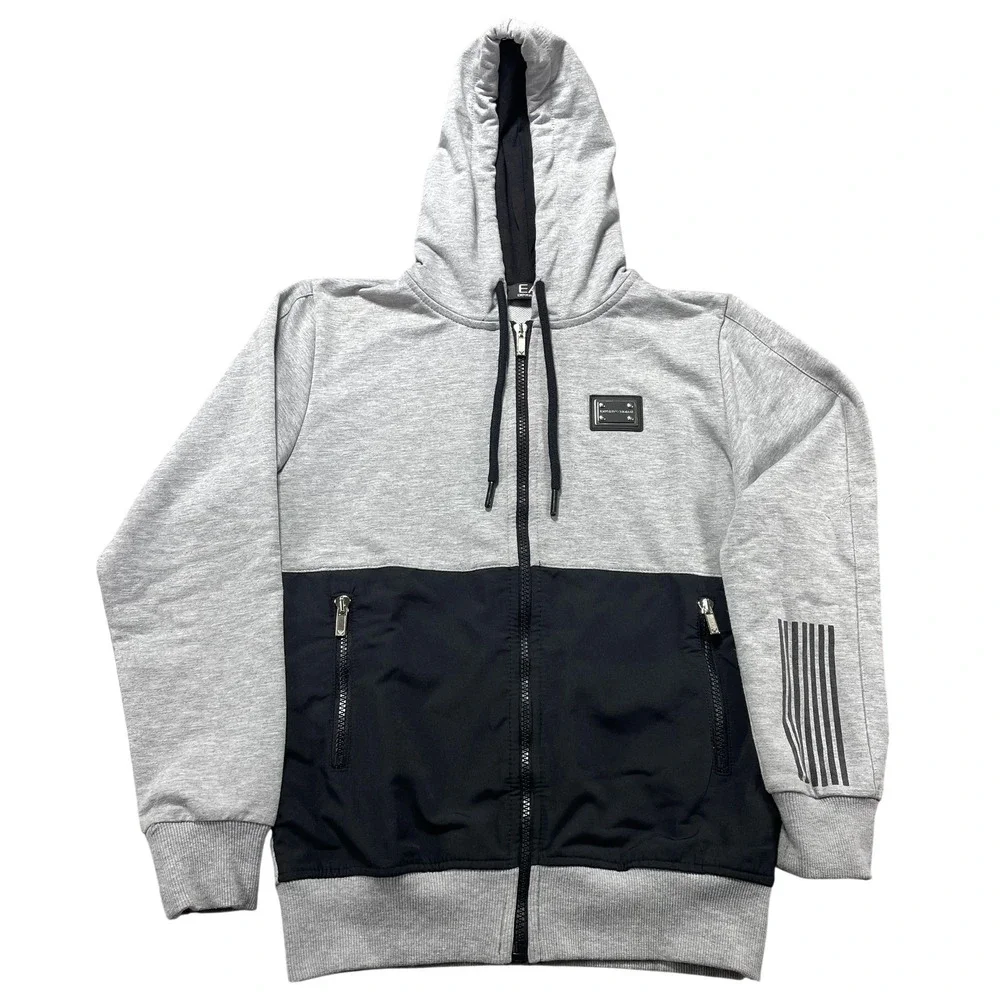 Emporio Armani EA7 Hoodie Kids 10 Gray Black Colorblock Full Zip Logo Cotton